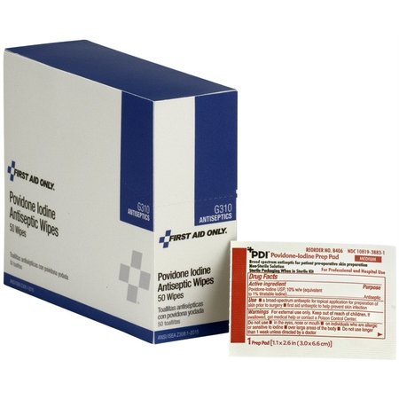 FIRST AID ONLY PVP Iodine Wipes, 50/box G310-002